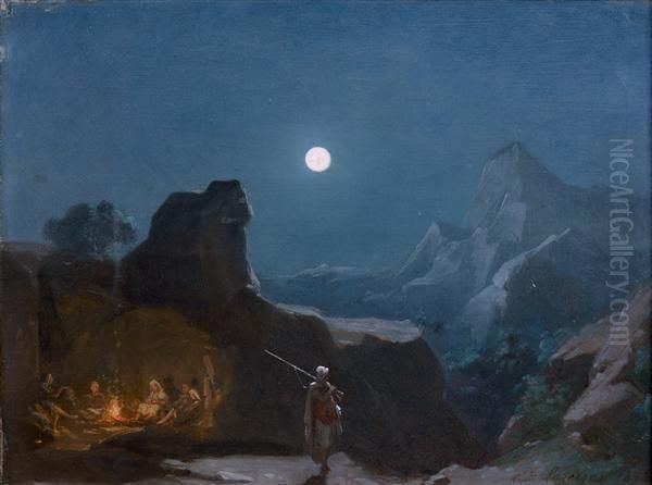 Campement Au Clair De Lune Dans La Campagne Algerienne Oil Painting by Jean Raymond Hippolyte Lazerges