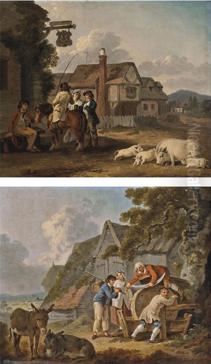 Figures Outside An Inn, With A Sow And Piglets, Houses Beyond Oil Painting by Peter La Cave