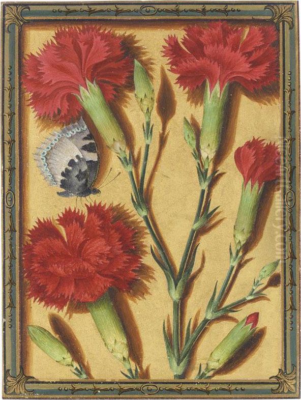 Clove Pinks And A Small Tortoiseshell Butterfly Oil Painting by Jacques le Moyne de Morgues