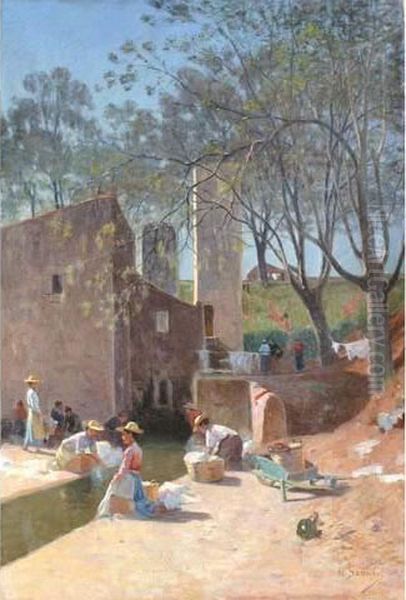 Lavoir En Provence Oil Painting by Gustave Edouard Le Senechal De Kerdreoret