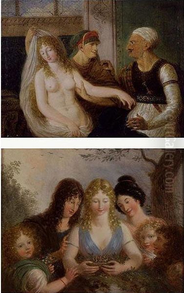 Portrait Of Young Girls Holding A Bird Nest And The Beautiful Slave: A Pair Of Paintings Oil Painting by Pierre Etienne Le Sueur