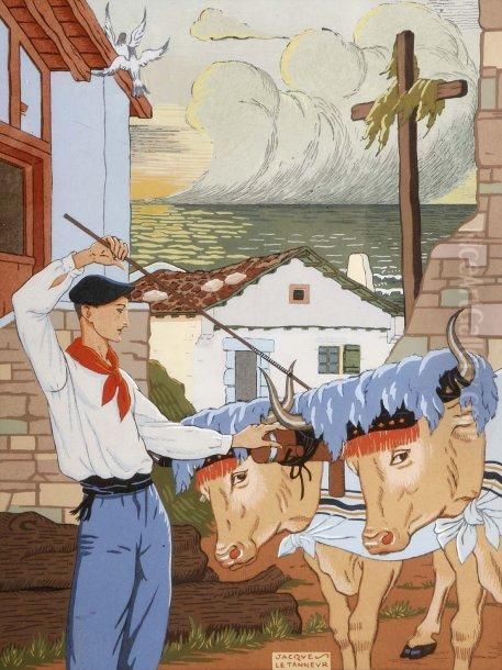 Basque Conduisant Un Attelage De Boeufs Oil Painting by Jacques Le Tanneur