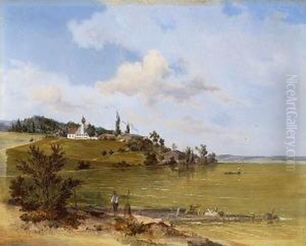 Blick Von Der Herrschinger Bucht Auf Schloss Muhlfeld Oil Painting by Carl August Lebschee