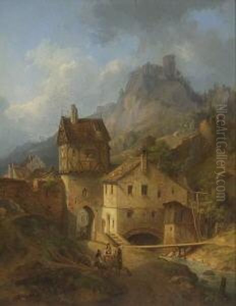 Das Obere Tor Von Riedenburg An Der Altmuhl Mit Der Alten Burg Rabenstein. Oil Painting by Carl August Lebschee