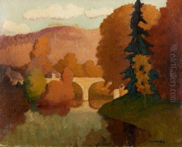 L'automne Au Pont Du Vey, Clecy Oil Painting by Jean-Baptiste Lucien