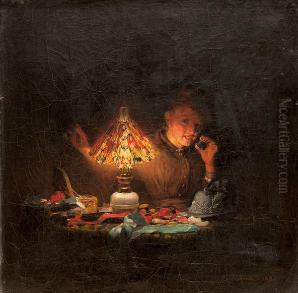 La Couseuse Oil Painting by Victor Lecomte