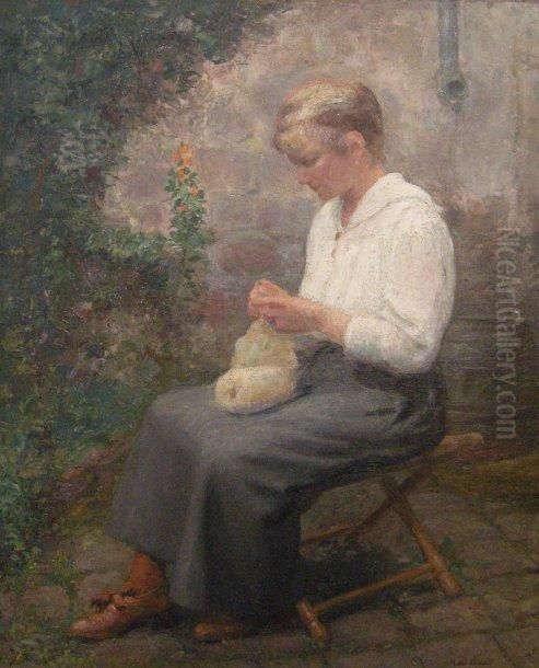 Jeune Femme A La Laine Oil Painting by Victor Lecomte