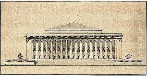 The Facade Of A Classical Building With A Huge Portico And Sculptures At Either End Of The Steps Oil Painting by Claude Nicolas Ledoux