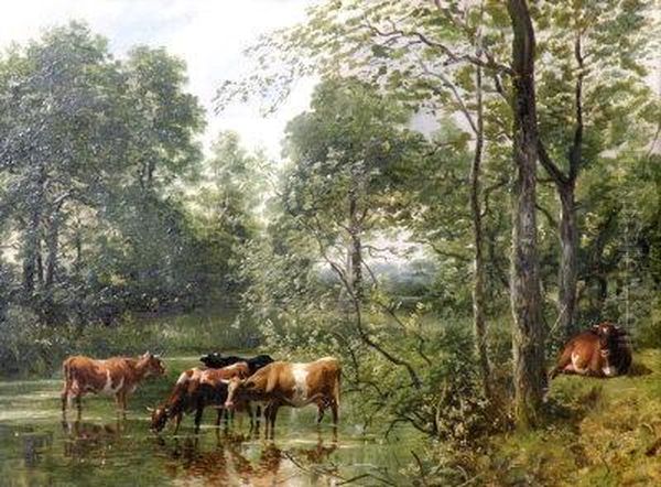 'wooded Landscape With Cattle Watering Oil Painting by Frederick Richard Lee, R.A.