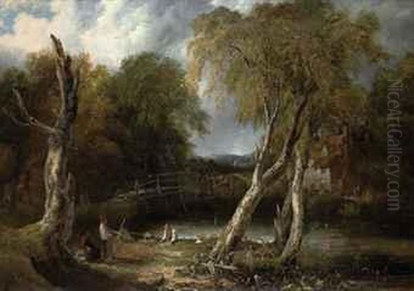 Landscape With Birch Trees And Figures Oil Painting by Frederick Richard Lee, R.A.