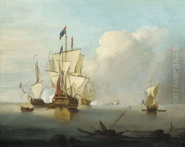 A First Rater Firing The Morning Gun Oil Painting by Thomas Leemans