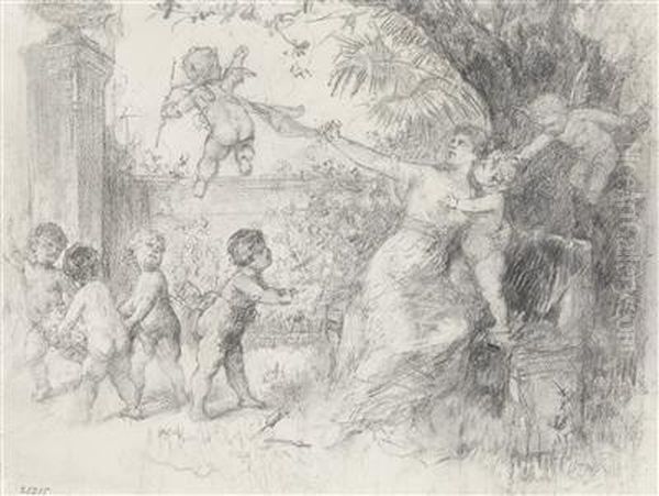 Junge Frau Im Garten Mit Spielenden Putten Oil Painting by Franz Lefler