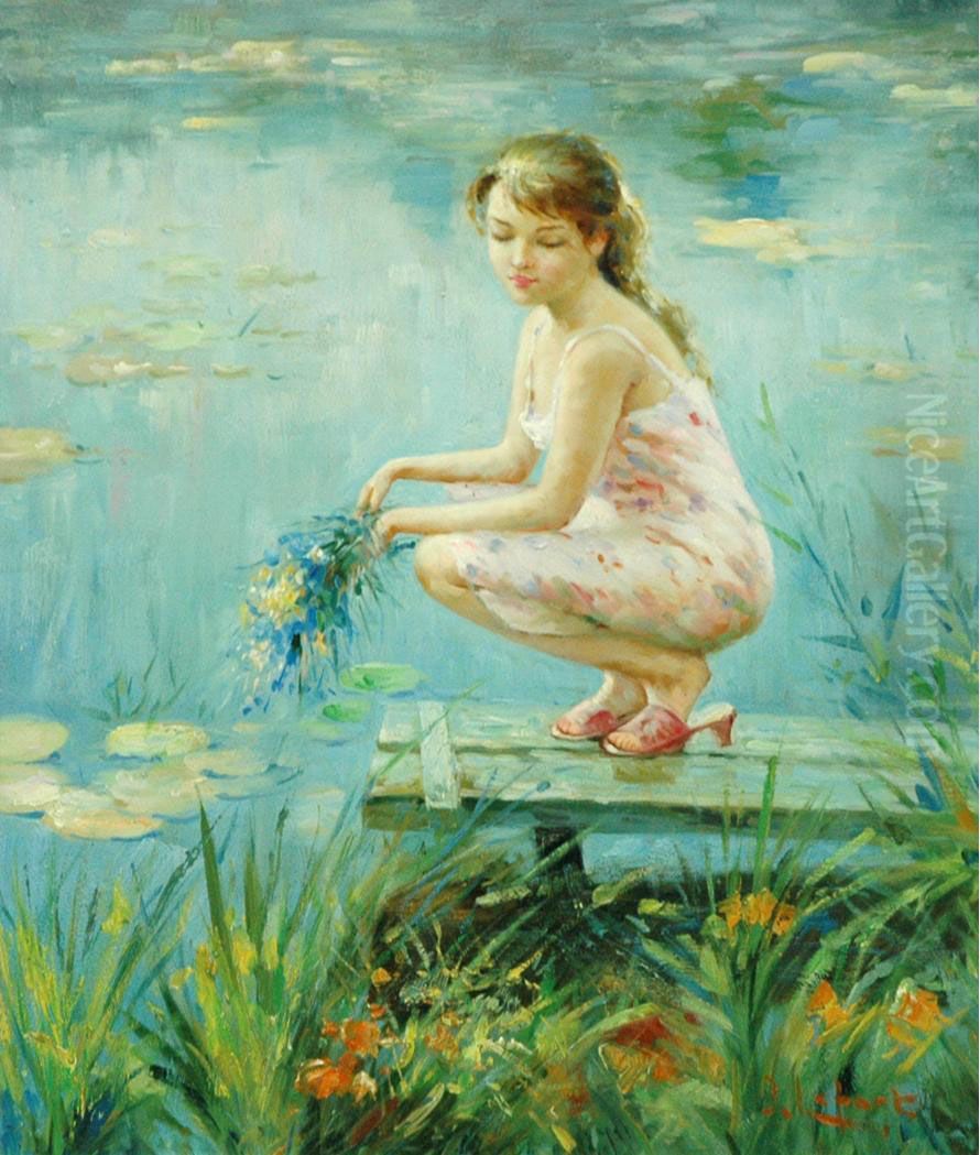 Lily Pond Contemplation Oil Painting by Jean Lefort