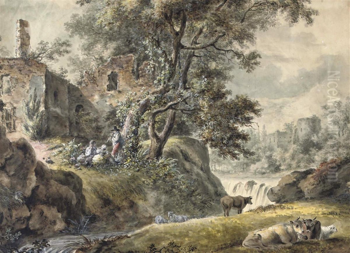 Playing The Flute By A Ruin Oil Painting by Sauveur Legros