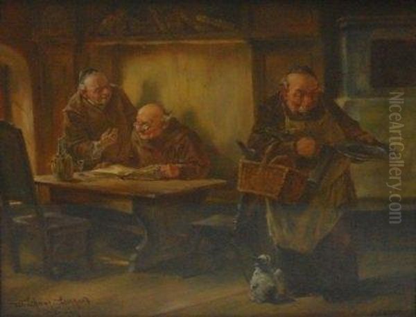 Friars Doing The Daily Chores In The Parlor Oil Painting by Wilhelm Lehmann-Leonhard