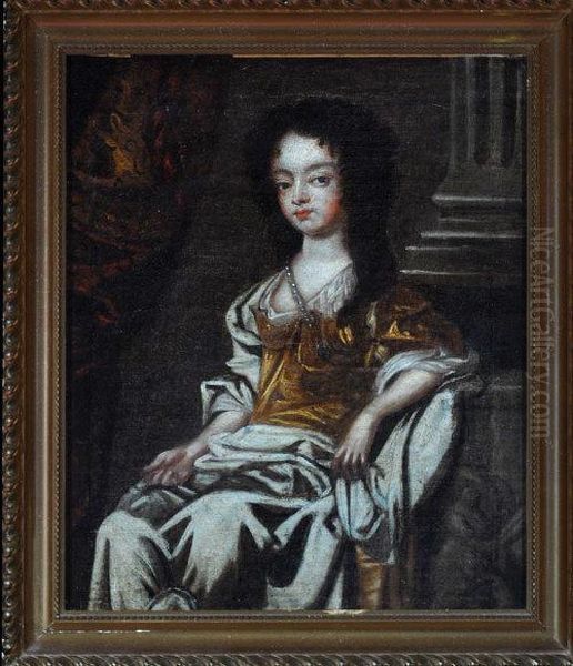 A Portrait Of An 18th Century Lady With Drapery And A Column In The Background Oil Painting by Sir Peter Lely