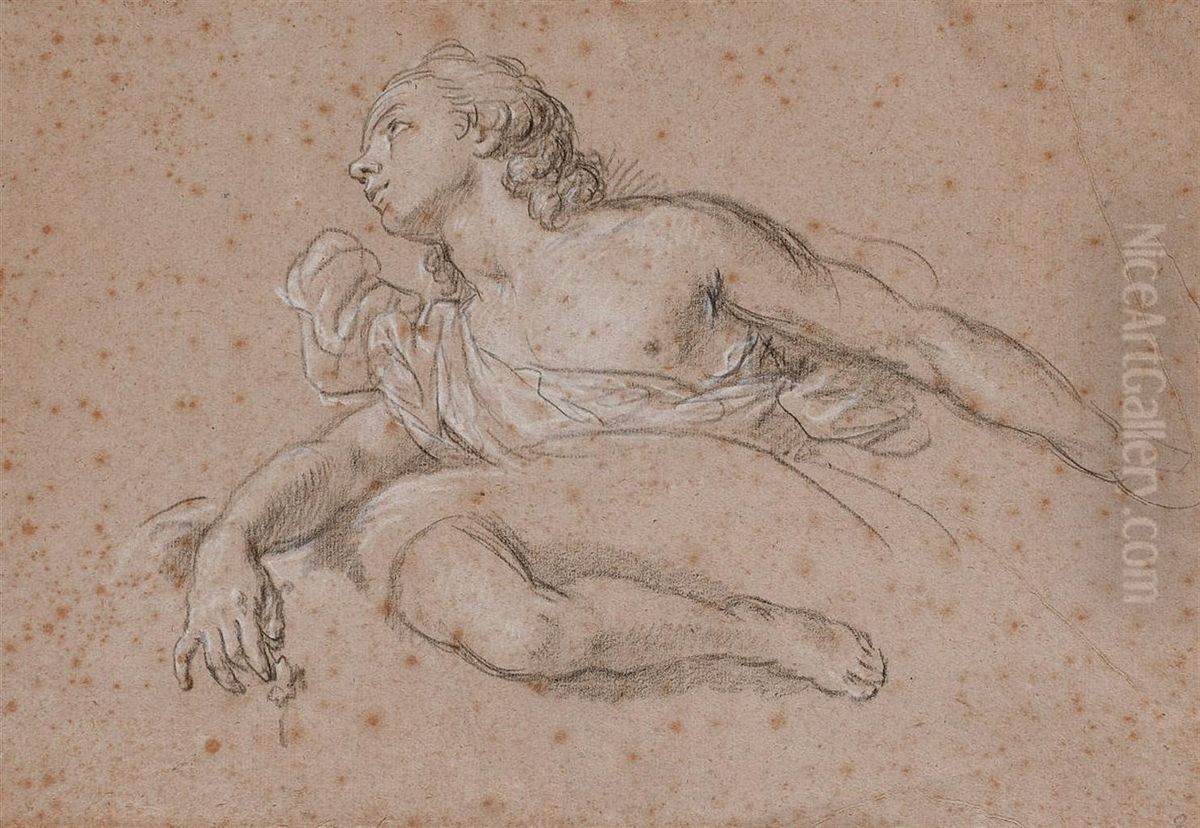 Jeune Homme Drape En Buste, Etude Subsidiaire D'une Jambe Oil Painting by Jean-Baptiste Lemoyne