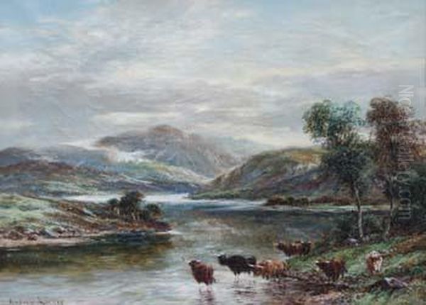 HighlandRiver Scene With Cattle Watering, Oil Painting by Andrew Lennox