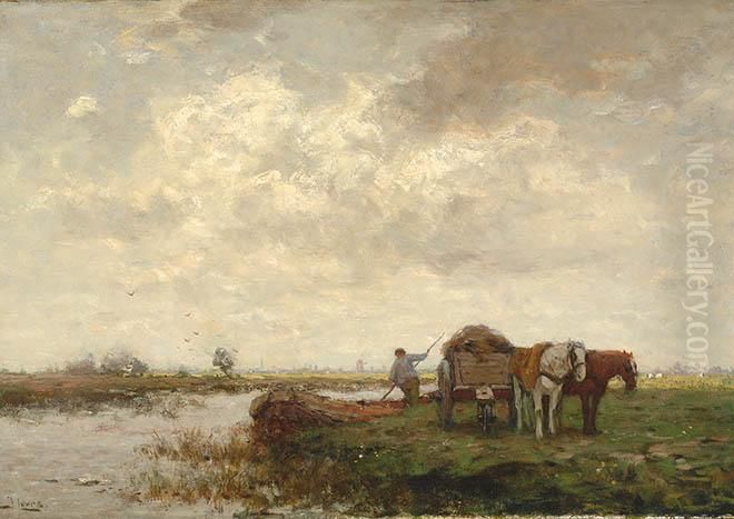 Landscape With A Farmer By A Canal With A Haycart Oil Painting by Johannes Karel Leurs