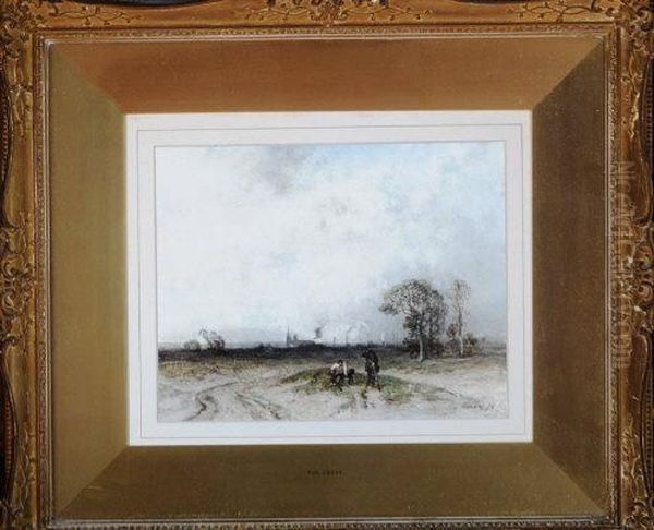 A Man And A Boy Hunting Rabbits On The Outskirts Of An Industrial City Oil Painting by Eugene Levis