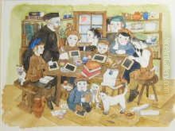 An Attractivewatercolour Of A Jewish School Room Oil Painting by Laure Levy