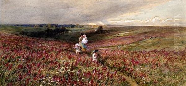 Mother And Children In A Wild Flower Meadow Before A Landscape Oil Painting by Charles James Lewis
