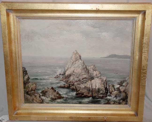 Very Rocky Coast With Small Boat Oil Painting by Mary Amanda Lewis