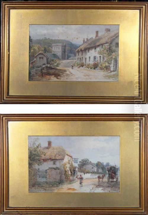 A Horse-drawn Caravan Outside A Village Pub And A Village Street With Thatched Cottages Oil Painting by Alfred Leymann