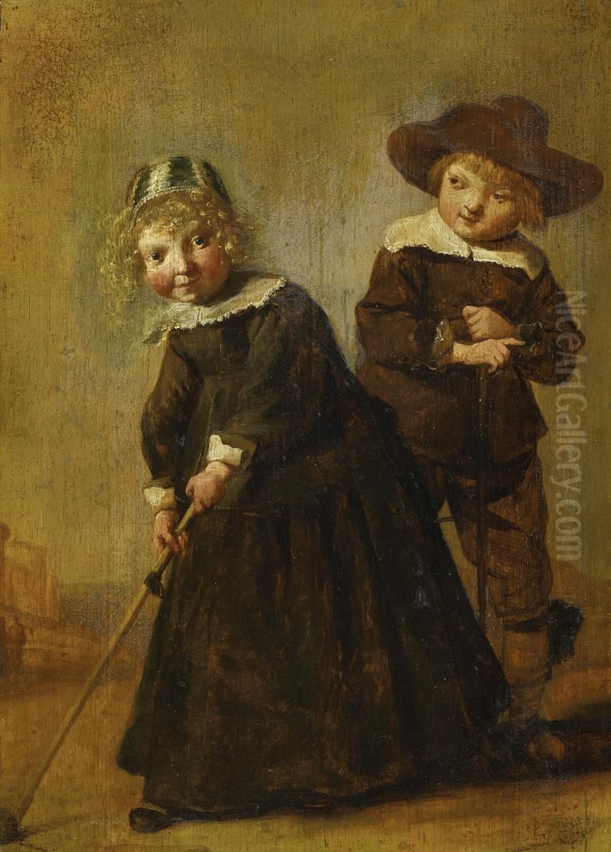 Girl And Boy Playing Croquet Oil Painting by Judith Leyster