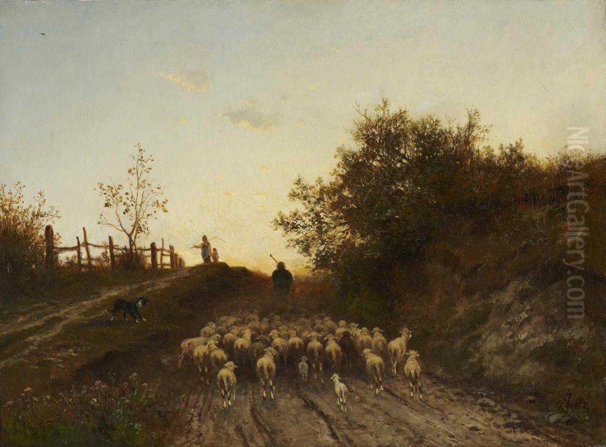 Schafer Mit Herde In Der Abenddammerung. Oil Painting by Adolf Heinrich Lier