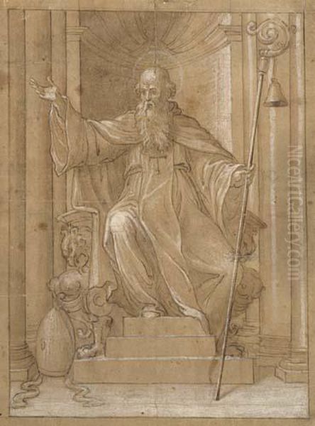 A Bishop Seated In A Niche With A Staff And A Bell Oil Painting by Pietro Ligari
