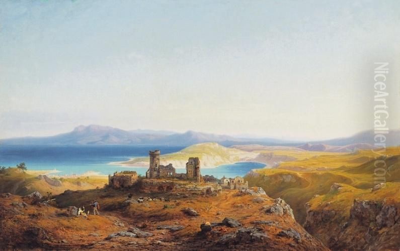 Italian Seaside With Ruins Oil Painting by Antal Ligeti