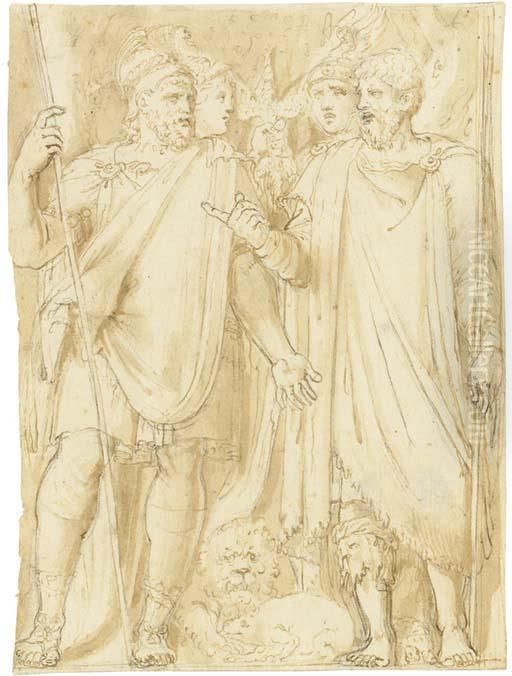 Quatre Soldats Romains Avec A Leurs Pieds, Un Lion, Une Tortue Et Une Salamandre Oil Painting by Pirro Ligorio