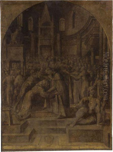 The Meeting Of Ss. Francis And Dominic, At San Giovanni Inlaterano Oil Painting by Giacomo (or Jacopo) Tarchiani