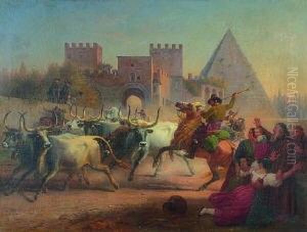Stierherde Vor Porta S. Paolo Und Cestius - Pyramide In Rom. Oil Painting by Dietrich Wilhelm Lindau