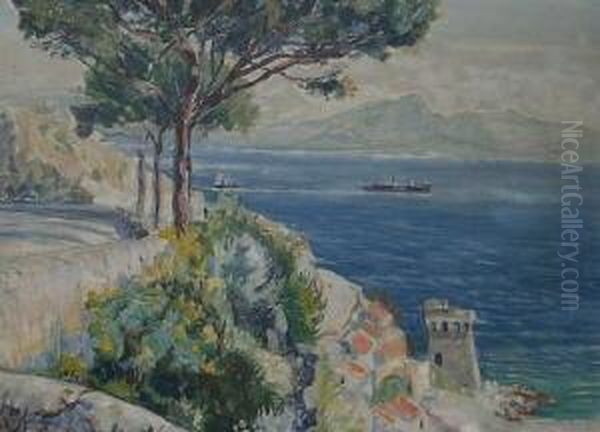 Italienische Meeresbucht. Im Mittelgrund Frachtschiff Und Segler. Unten Links Signiert Und Datiert Oi. Lindemann 33 Oil Painting by Otto Lindemann