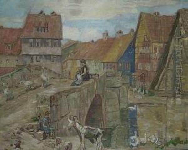 Suddeutsches Dorfidyll. Blick Auf Eine Hauserreihe. Im Vordergrund Steinbruch Mit Figuren- Und Tierstaffagen. Signiert O. Lindemann Oil Painting by Otto Lindemann