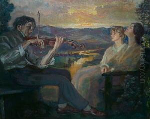 Traumereien. Bergige Landschaft. Im Tal Sich Schlangelnder Flus . Im Vordergrund Zwei Damen Auf Einer Bank Sitzend, Einem Violinisten Zuhorend. Unten Links Signiert Und Datiert O. Lindemann 1925 Oil Painting by Otto Lindemann