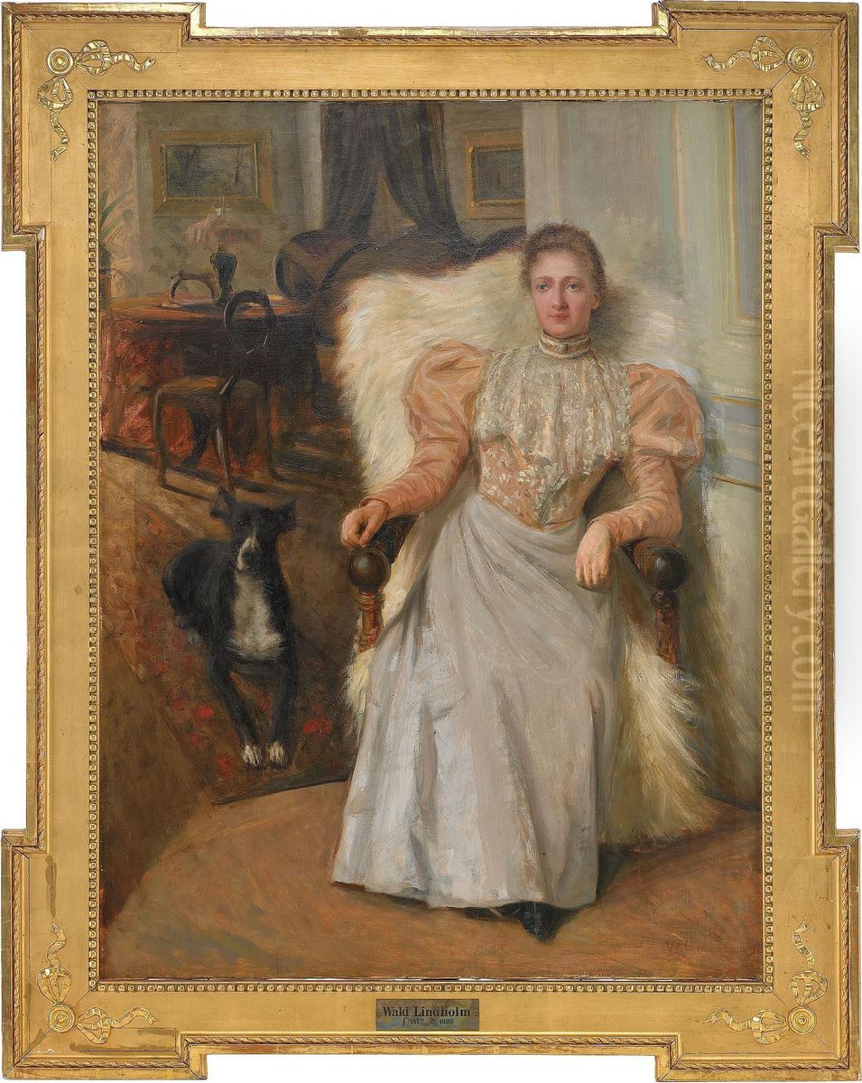 Borgerlig Interior Med Sittande Kvinna Och Hund Oil Painting by Waldemar Lindholm