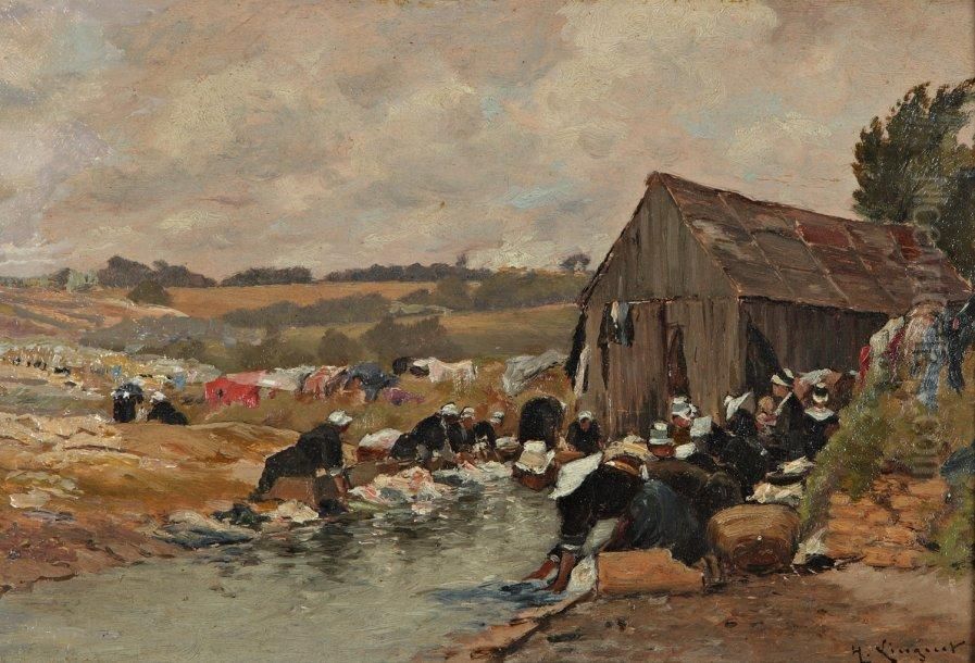 Les Lavandieres Oil Painting by Henri Linguet