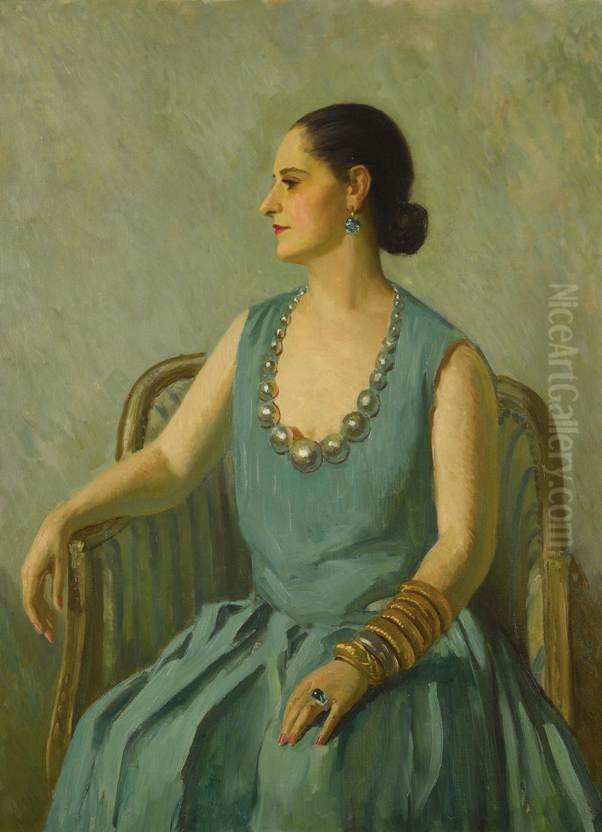 Helena Rubinstein In A Green Dress Oil Painting by Edward Barnard Lintott