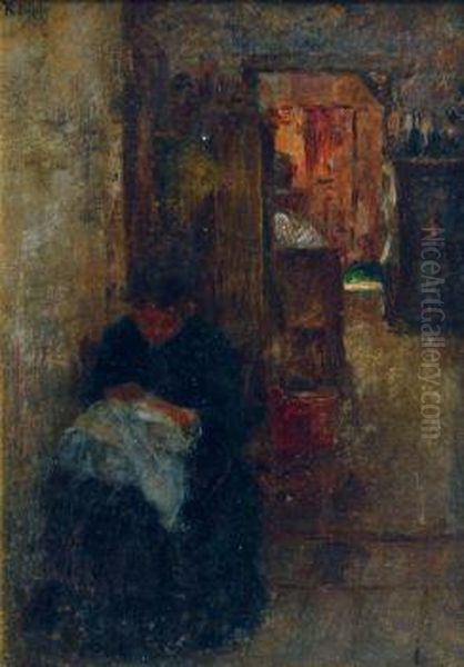 Frau Beim Sticken Oil Painting by Richard Lipps