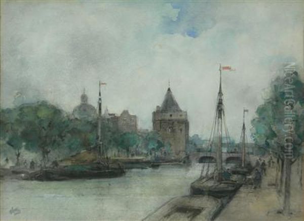 Canal Scene With Barges Oil Painting by J. Little