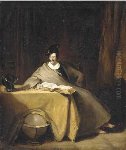 An Elegant Figure Seated At A Table Reading A Book Oil Painting by Henry Liverseege