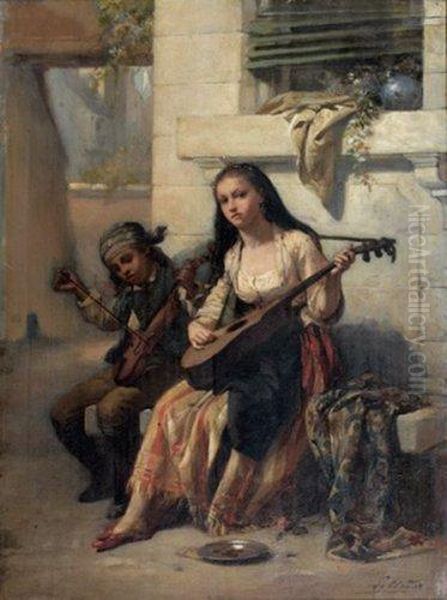Enfants Musiciens Des Rues Oil Painting by Charles Auguste R. Lobbedez