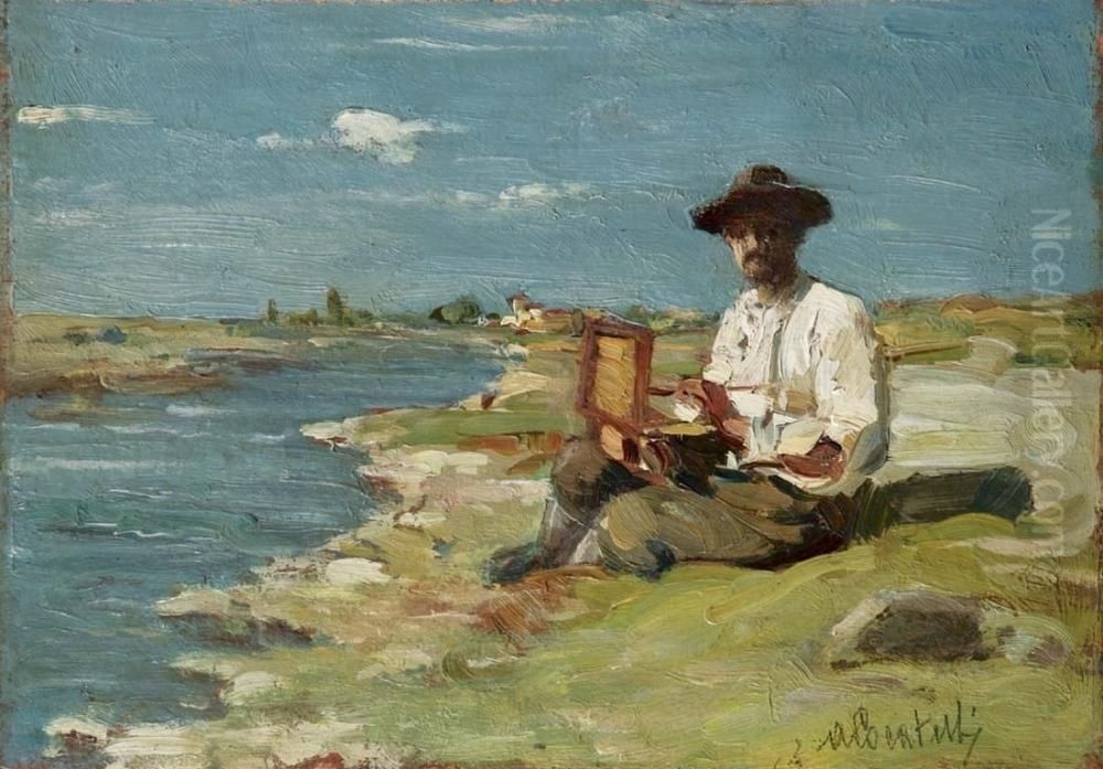 Pittore In Riva Al Fiume Oil Painting by Achille Locatelli