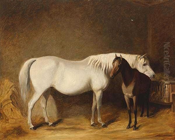 Mare And Foal In A Stable Oil Painting by James Loder