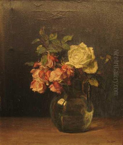 Rosenstraus In Glasvase Oil Painting by Franz Loffler