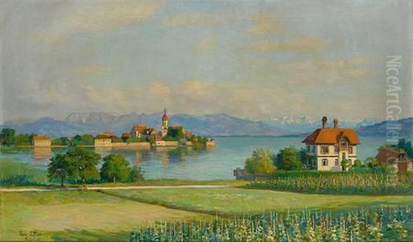 Blick Von Der Hohe Auf Wasserburg-malerwinkel An Einemprachtvollen Fruhlingstag Oil Painting by Franz Loffler