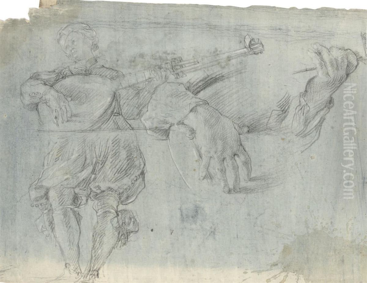 A Theorbo-player By A Balustrade Oil Painting by Aurelio Lomi